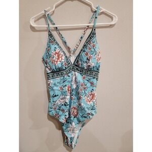 Cupshe Womens One Piece Swimsuit Small Light Blue Floral Strappy Back Sz L NWT